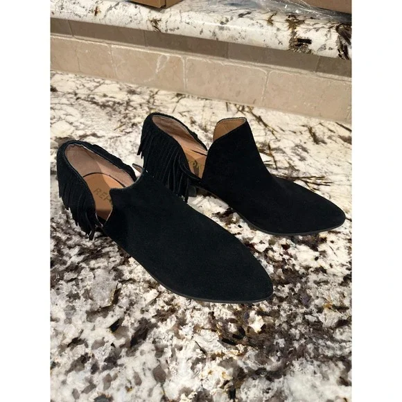 Boho Western Chic Black Faux Suede Fringe Slip On Ankle Booties Boots Size 9 - Picture 5 of 9